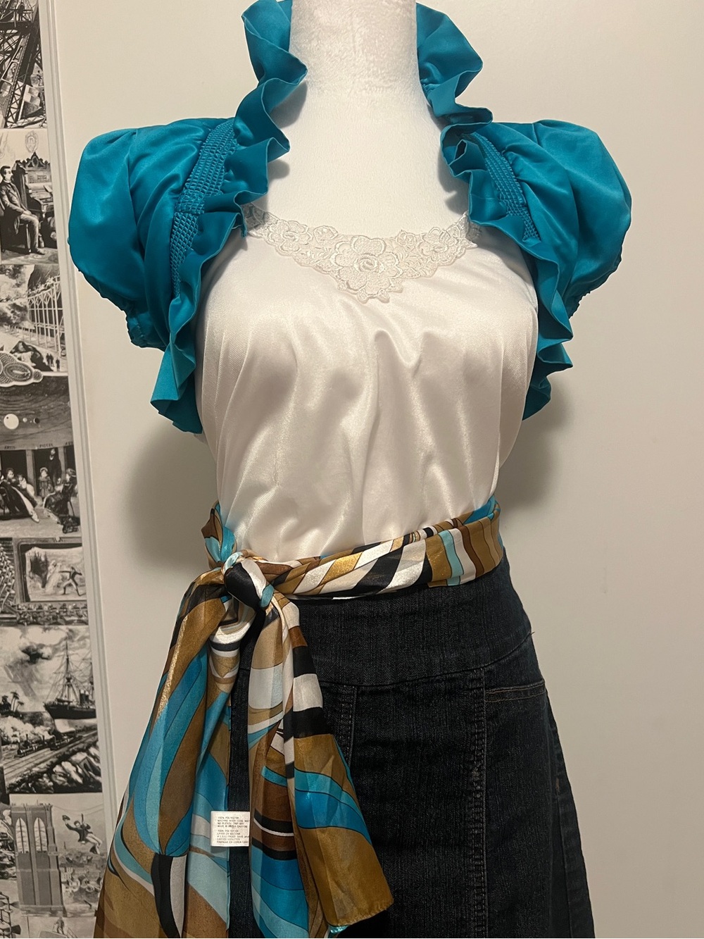SWS Teal Ruffle Shrug Bolero + matching Careta Y2K 1970s inspired headscarf